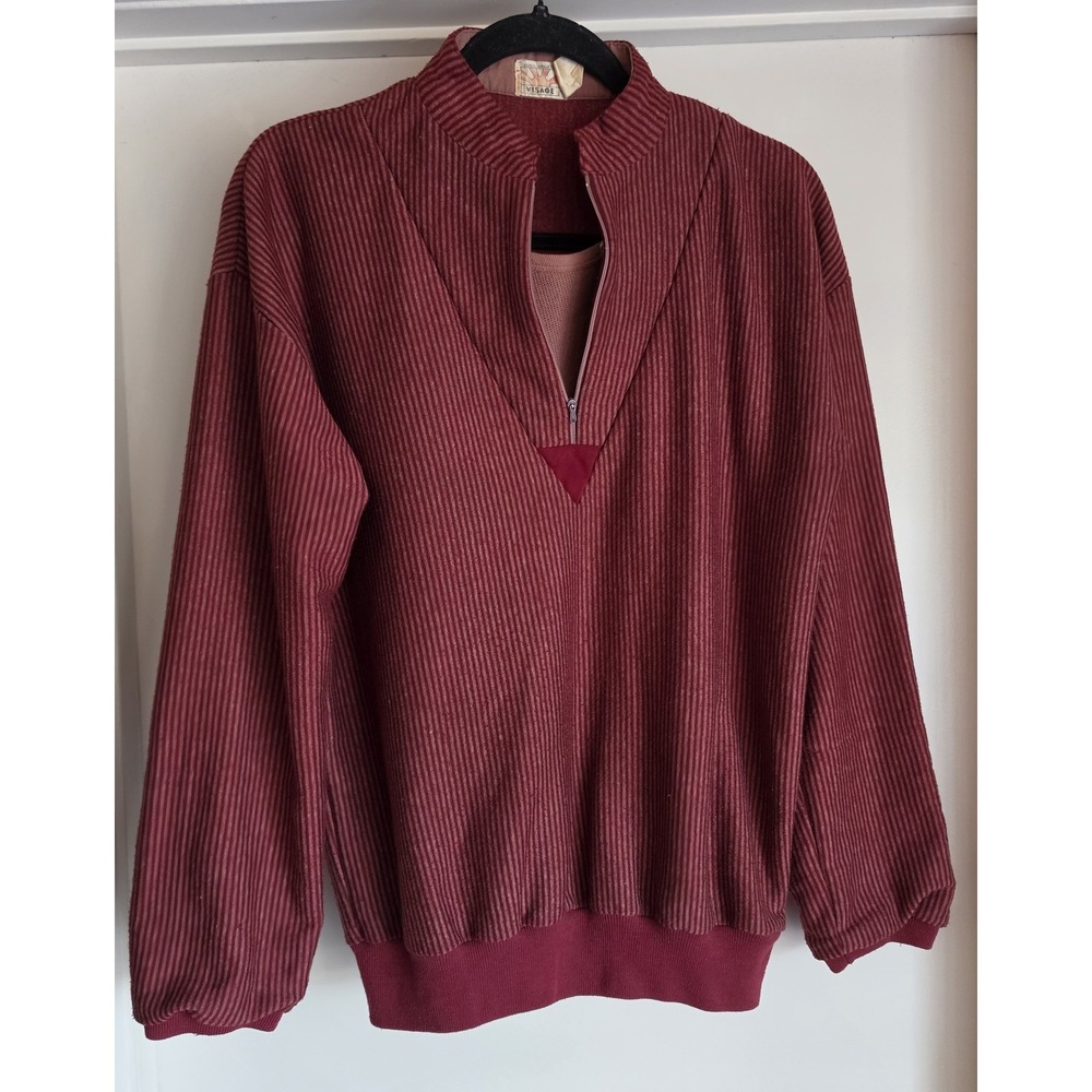 Visage Striped Pullover Sweatshirt Red Collared Long Sleeve Vintage Retro Top